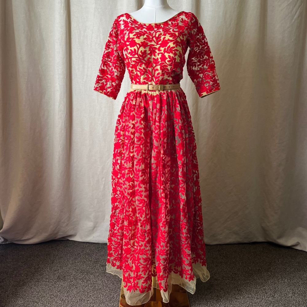 Vintage Red Floral Embroidered Mesh Gown Nude Lining Formal Dress M